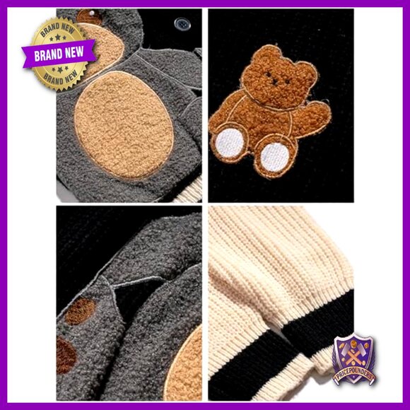 Loose Fit Cardigan Sweater with Bear Embroidery, Button Front, Long Sleeve - Picture 5 of 6